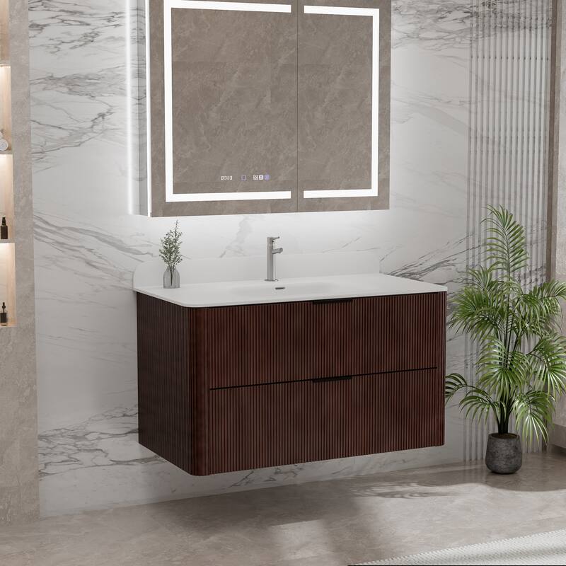 Modland Fluted Floating Vanity with Sink, Plywood Wall Mount Cabinet, Curved Edge, 24/30/36 Inch - 36 inch - Walnut