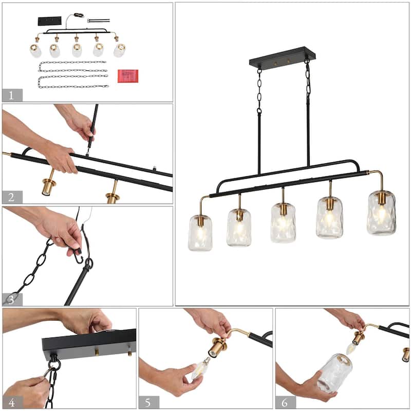 Modern 5-Light Hand-blown Glass 41" W Chandelier Gun Black Gold Kitchen Island Light - W 41.3" x D 4.3" x H 24"
