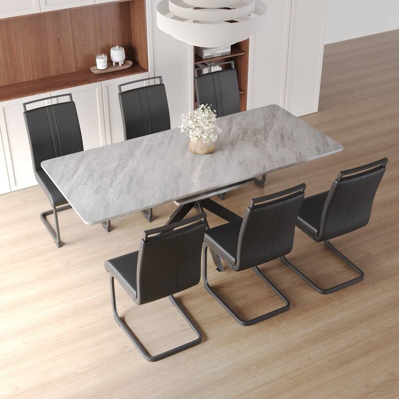 7-Piece Dining Table & Chairs Set with Expandable Dining Table and High Backrest Leather Dining Chairs