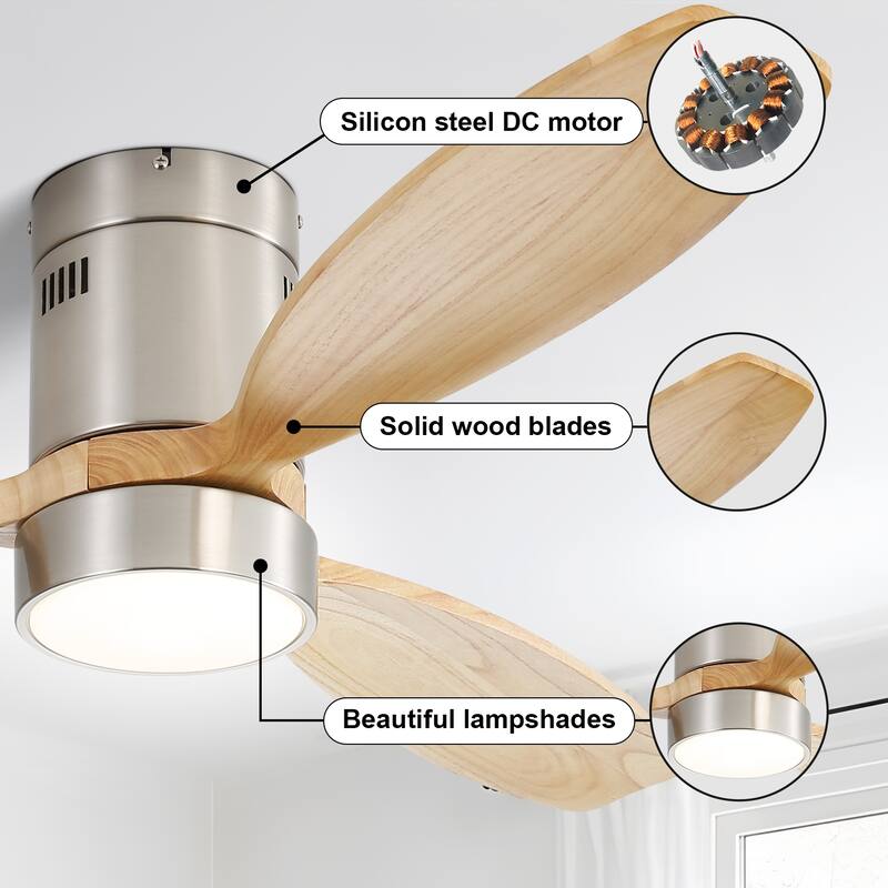 52 Inch Flush Mount Wood Blades White Ceiling Fan Reverse Airflow,6 Wind Speed,Remote Control