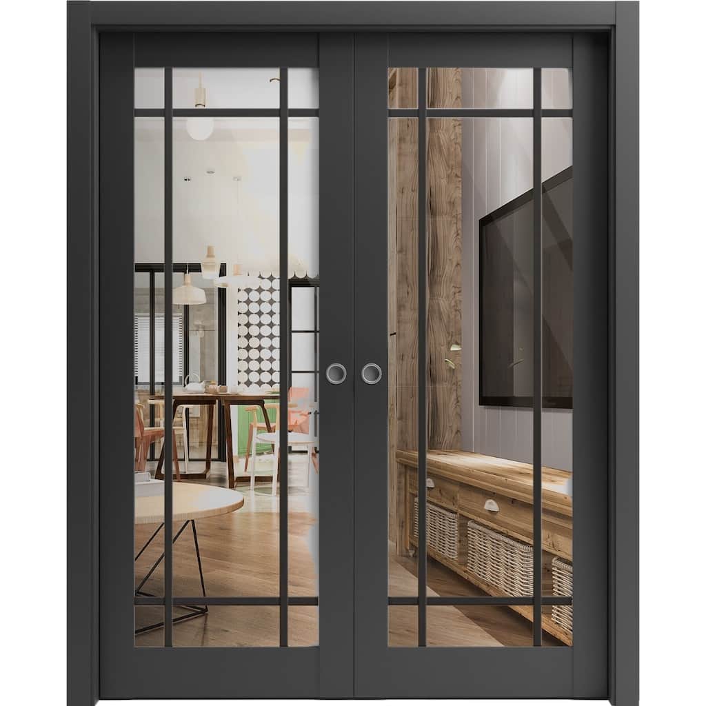 French Double Pocket Doors 36x80 Lucia 2266 Matte Black Kit Trims Rail
