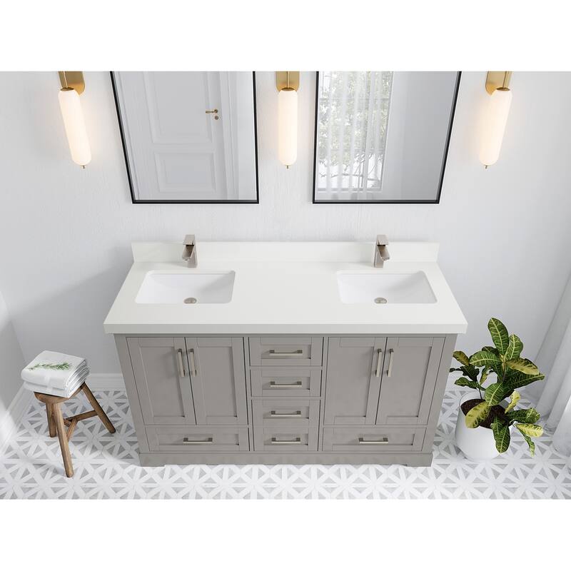 Willow Collection 60 in W x 22 in D x 36 in H Boston Double Bowl Sink Bathroom Vanity with Countertop - 2"White Quartz - Elephant Skin Gray
