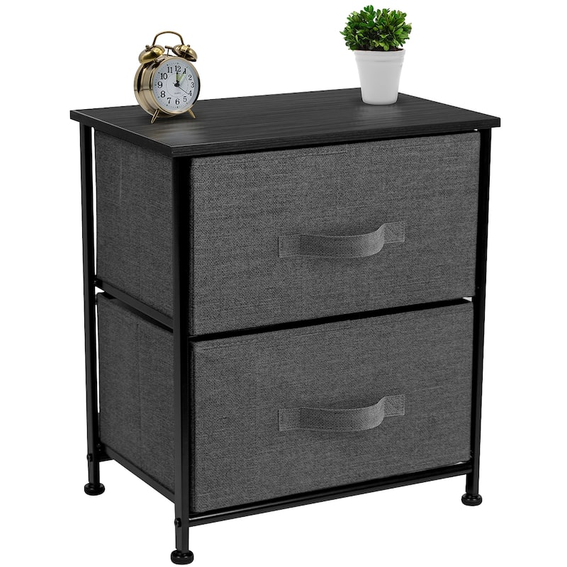 2 Drawer Nightstand Dresser Organizer Steel Frame Wood Top Fabric Bins