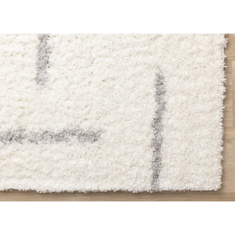Cream Gray Neutral Lines Soft Shag Area Rug, 5'3" x 7'7"