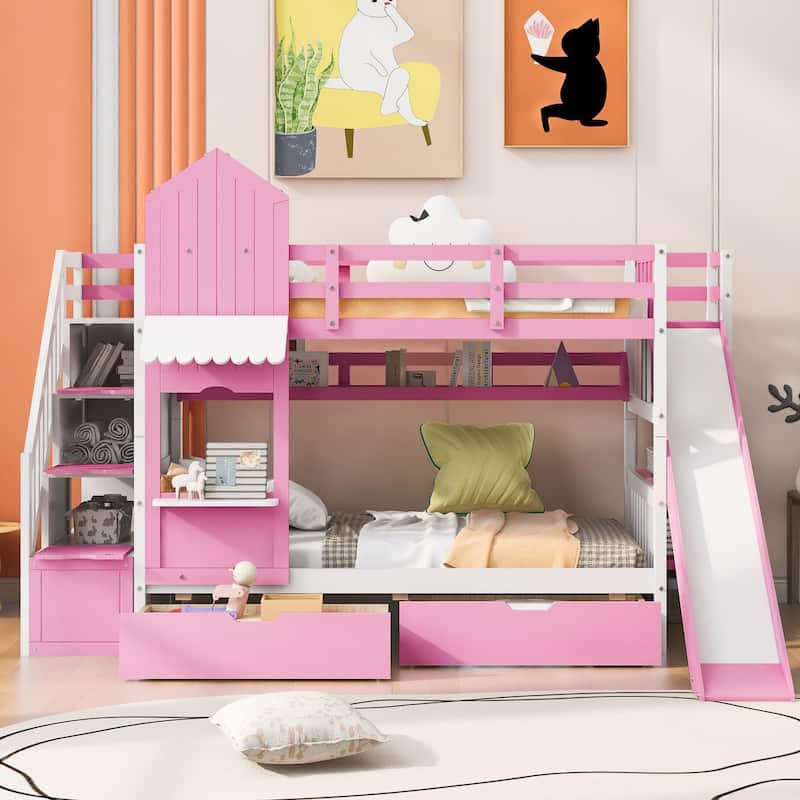 Twin-Over-Twin Castle Bunk Bed with 2 Drawers Shelves and Slide ...