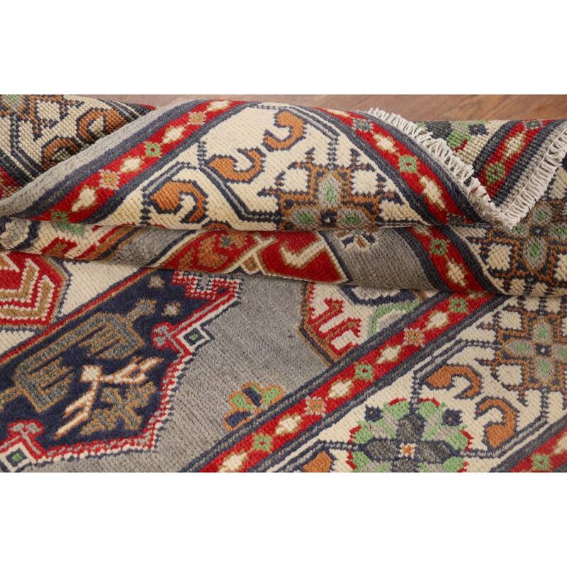 Traditional Grey Kazak Foyer Rug Hand-Knotted Wool Carpet - 3'2" x 4'11"