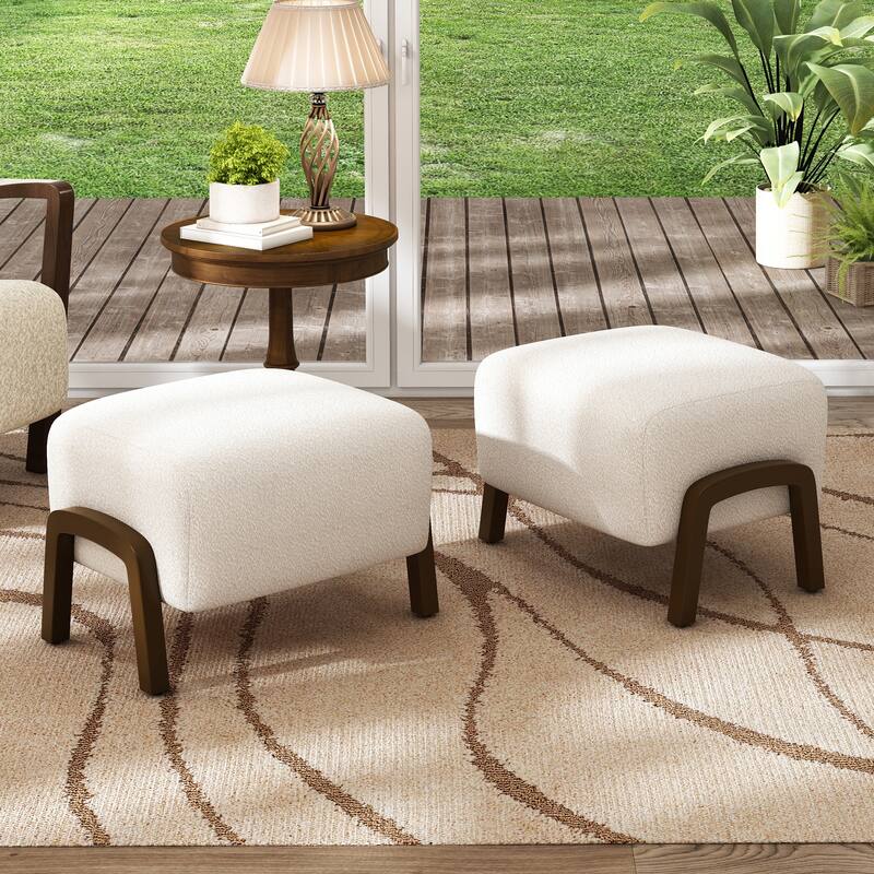 Set of 2 Boucle Upholstered Ottomans with Wooden Legs - White Decorative Pieces