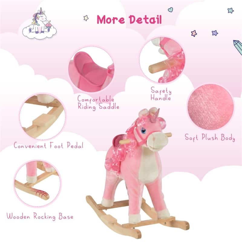 Pink Plush Ride-On Unicorn Rocking Horse for Kids Ages 3-6 Interactive Sound and Movement Wooden Steel Frame