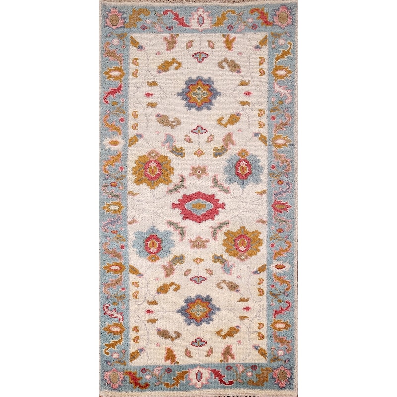 Ivory & Blue Floral Oushak Oriental Foyer Rug Hand-Knotted Wool Carpet - 2'6"x 5'9"