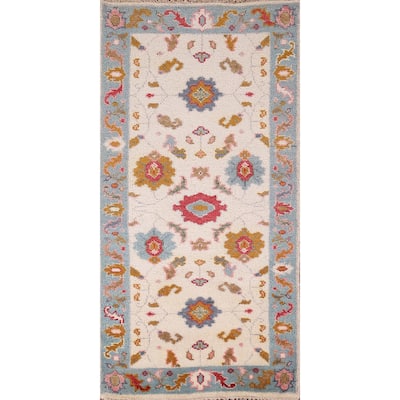 Ivory & Blue Floral Oushak Oriental Foyer Rug Hand-Knotted Wool Carpet - 2'6"x 5'9"