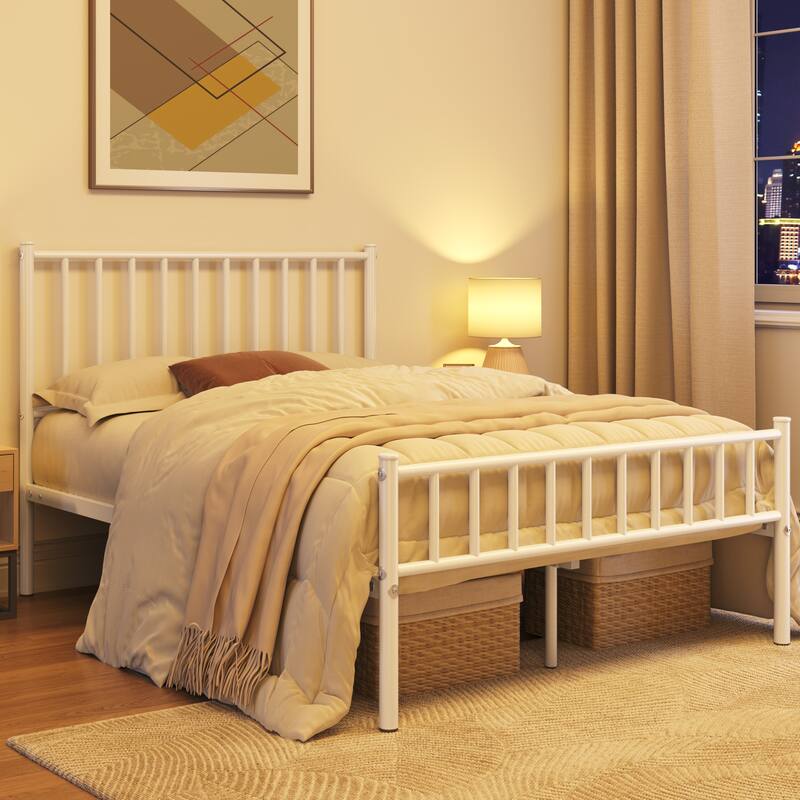Yaheetech Minimalist Metal Platform Bed Frame with Spindle Headboard and Footboard - White - Full