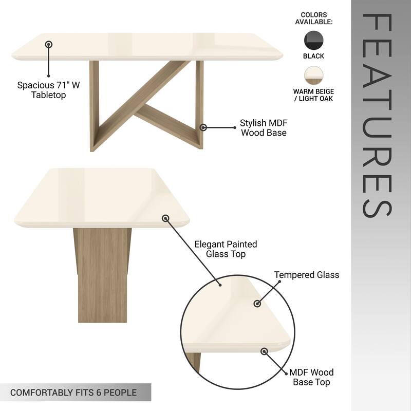 6 Seater Italian-Style Dining Table with Painted Glass Top & Elegant Wooden Base, Natural & Oak