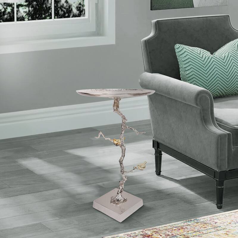 28 Inch Accent Table, Artful Branch Like Frame, Gold Bird Accents, Silver