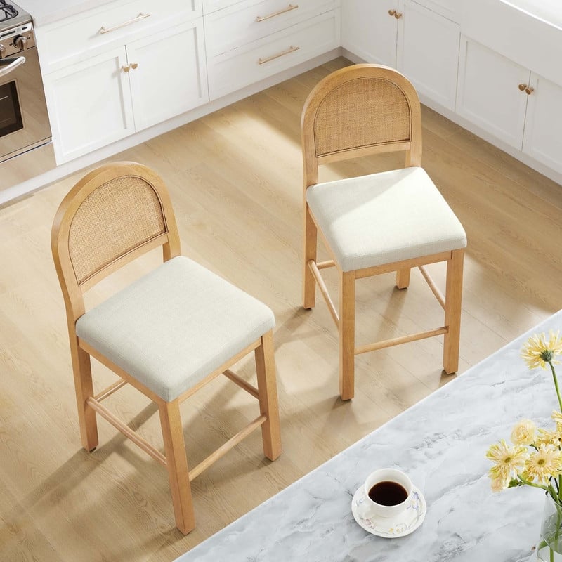 Spruce & Spring Esme Boho Upholstered Rattan Counter Bar Stool with Wood Frame