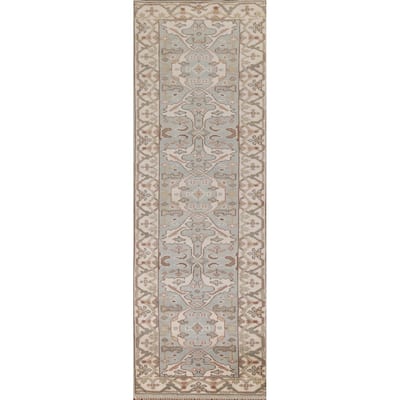 Floral Blue Oushak Runner Rug Hand-knotted Wool Carpet - 2'9"x 9'10"