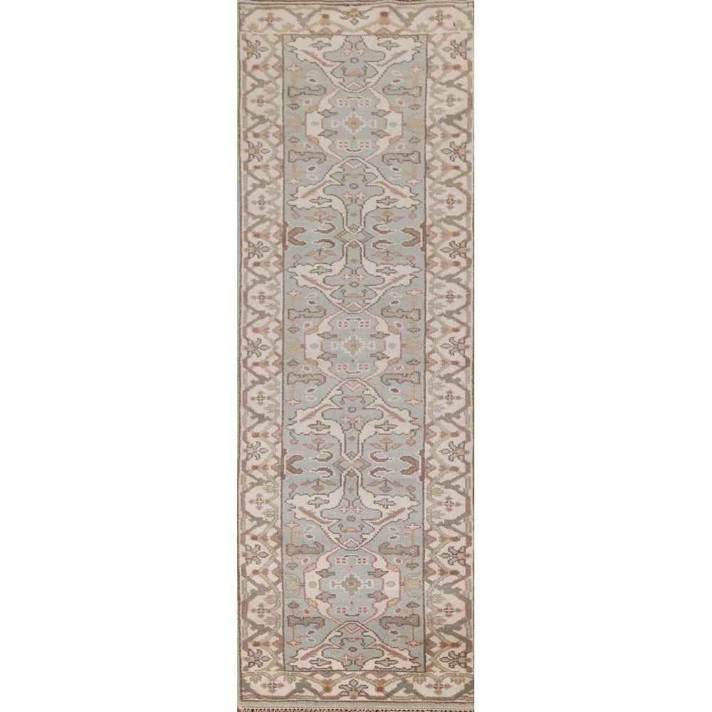 Floral Blue Oushak Runner Rug Hand-knotted Wool Carpet - 2'9"x 9'10"