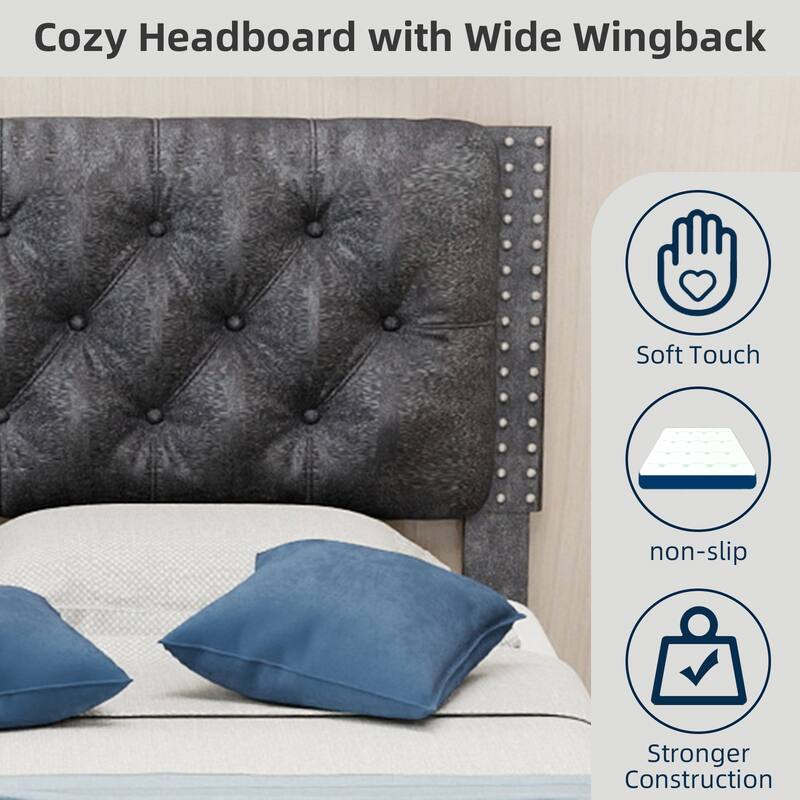 Suede Velvet Upholstered Bed Frame with Tufted Headboard, Soft Platform Bed for Master Bedroom