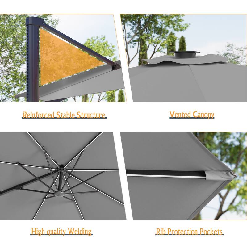 LIVOOSUN 10FT LED Round Cantilever Umbrella For Your Outdoor Space, Solution-Dyed Fabric, 360° Rotation System