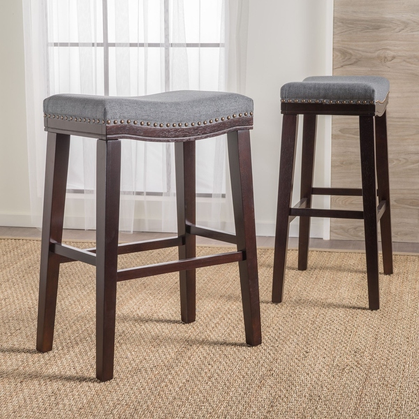 Set of 2 Gray and Black Solid Saddle Shaped Studded Bar Stools 30 Bed Bath Beyond 32087779