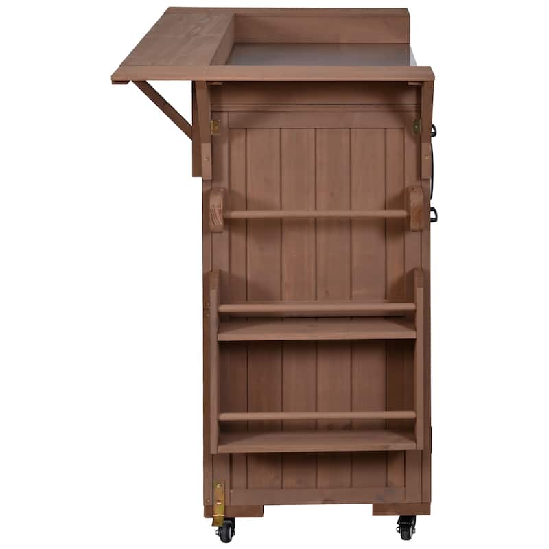 60" Rolling Outdoor Kitchen Island with Stainless Steel Top, Wood BBQ Prep Cart with Wine Rack & Drawers
