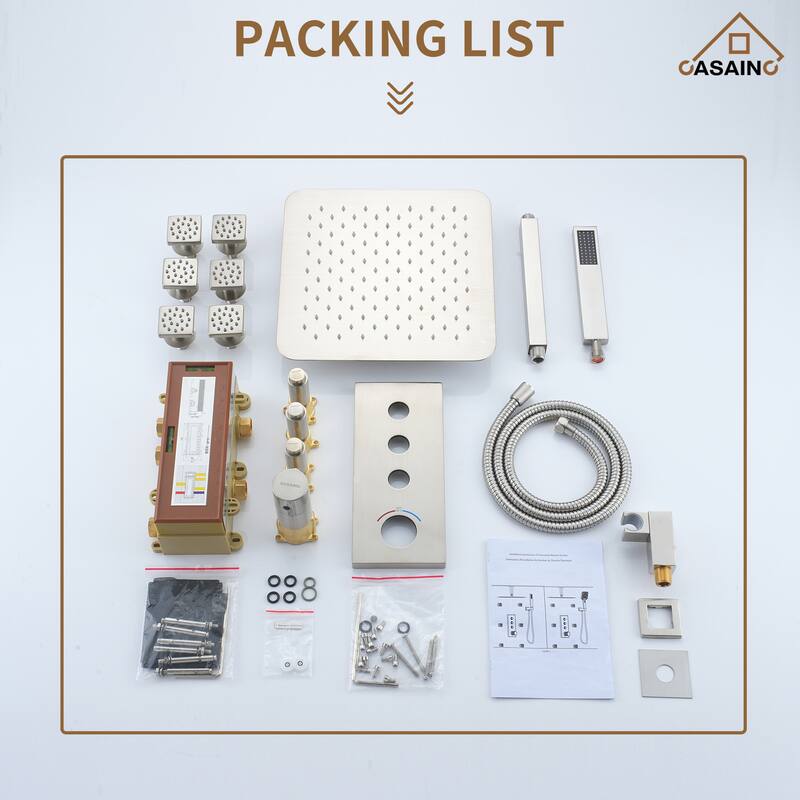 Luxury Thermostatic Shower System 1-Spray Patterns Ceiling Mount Fixed Shower Head and Handheld Spray with 6 Body Jets