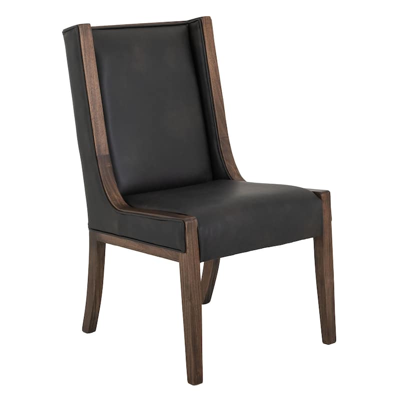 Ally Dining Side Chair Set of 2, Walnut Brown Wood, Black Faux Leather