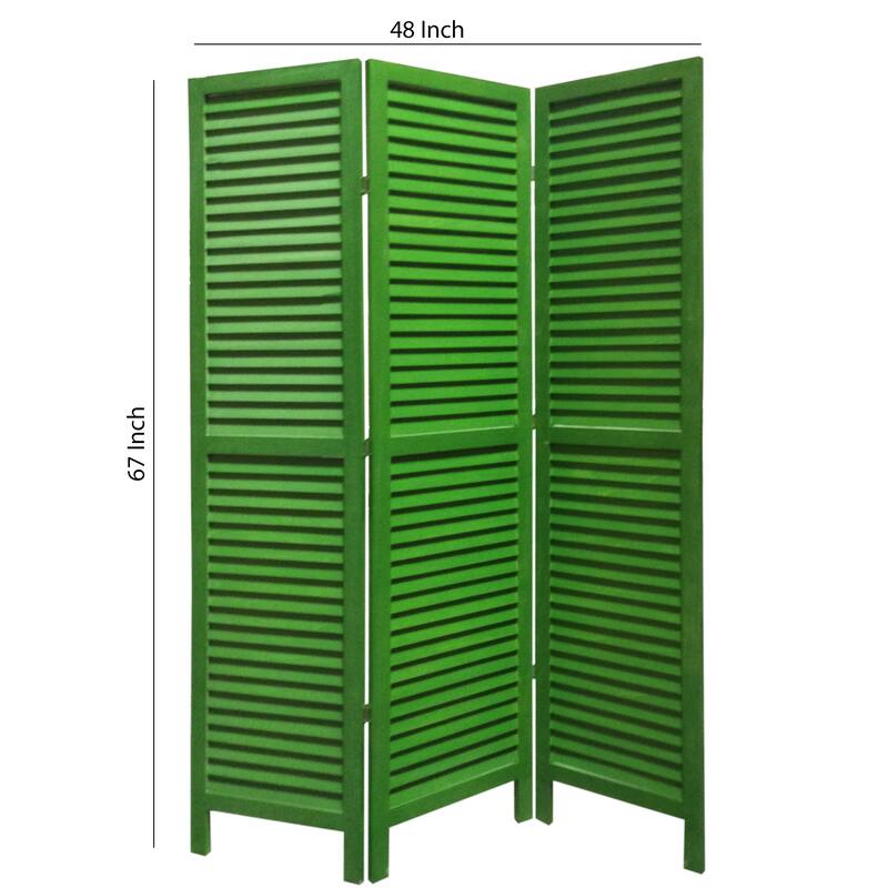 3 Panel Foldable Wooden Shutter Screen with Straight Legs, Green
