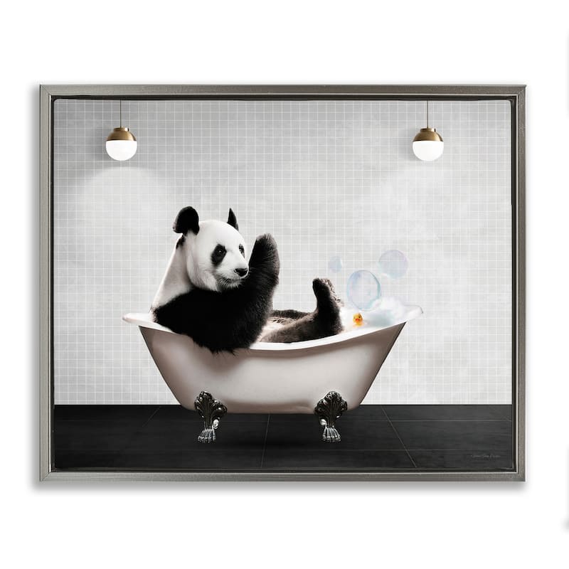 Stupell Panda in Modern Bubble Bath Framed Floater Canvas Wall Art Design By Seven Trees Design - 31 x 25 - Grey