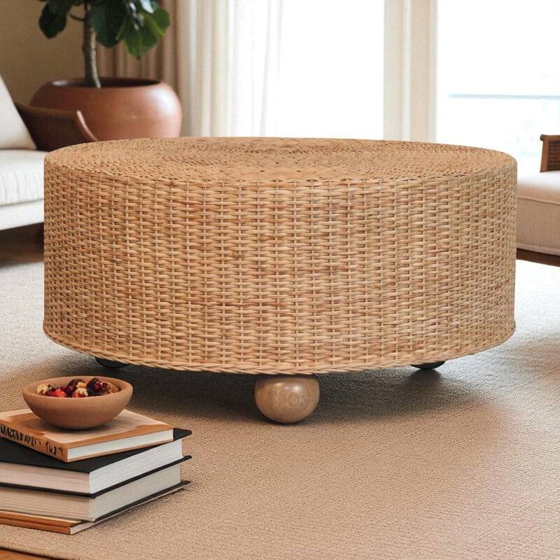Artisan Furniture Solid Wood Regency Round Woven Coffee Table with Ball Feet, Brown