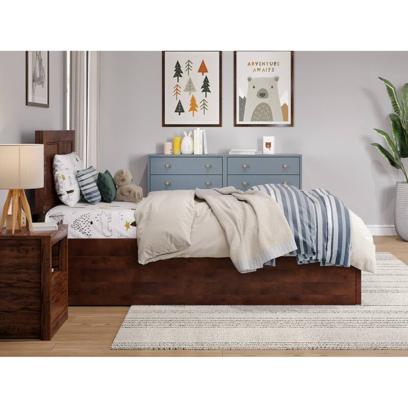 Twin Platform Bed with Trundle & Headboard Footboard - Walnut Finish Bedroom Furniture