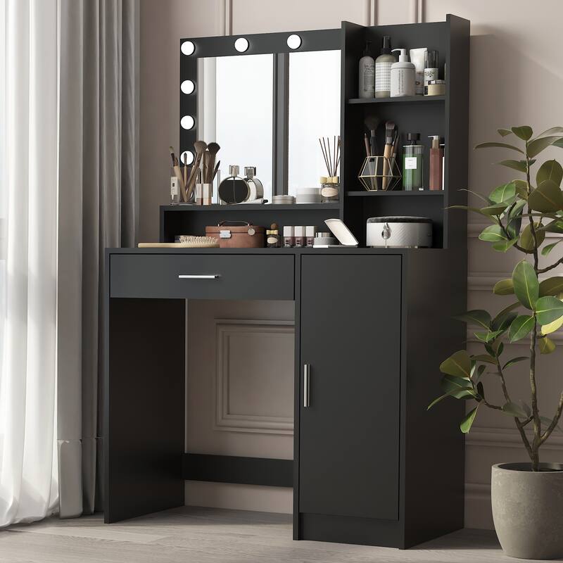 Vanity Desk with Mirror & Light, Makeup Vanity with 1 Drawer & 3 Level Storage Cabinets, Multi-functional Dressing Table