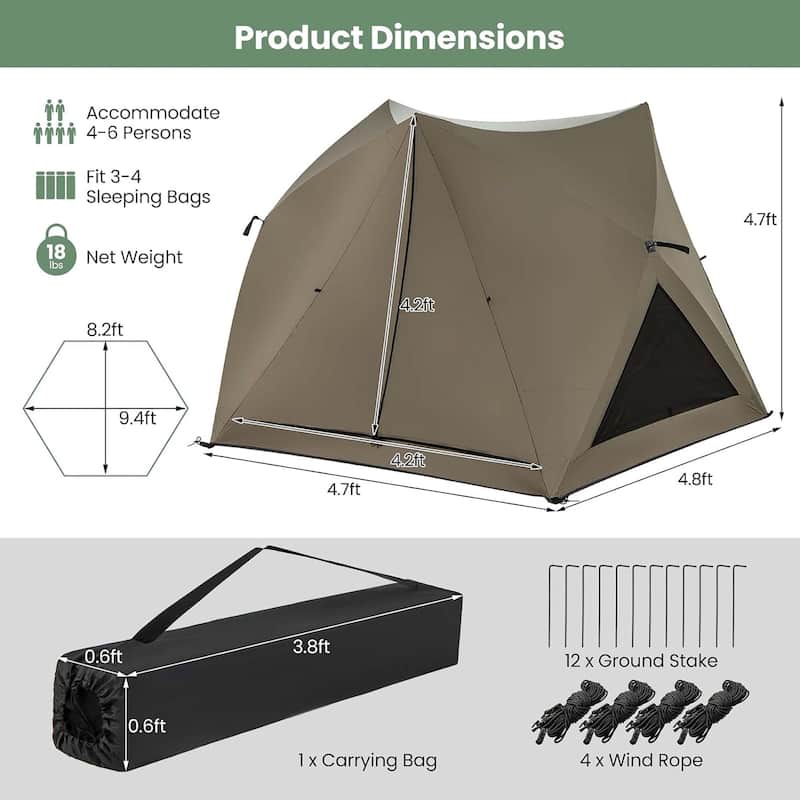 4-6 Person Pop Up Camping Tent Dome Instant Tent w/Visible Skylight