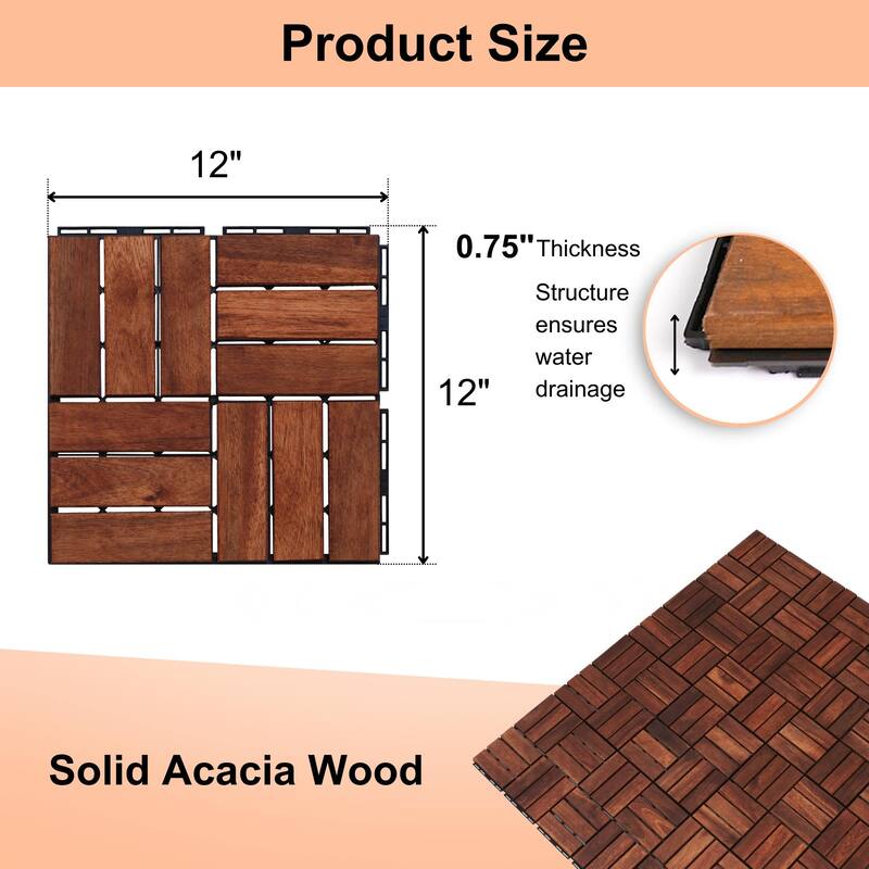 Acacia Wood Interlocking Deck Tiles Checker Pattern, 10PCS 12" x 12" Square Brown Acacia Hardwood Outdoor Flooring for Patio