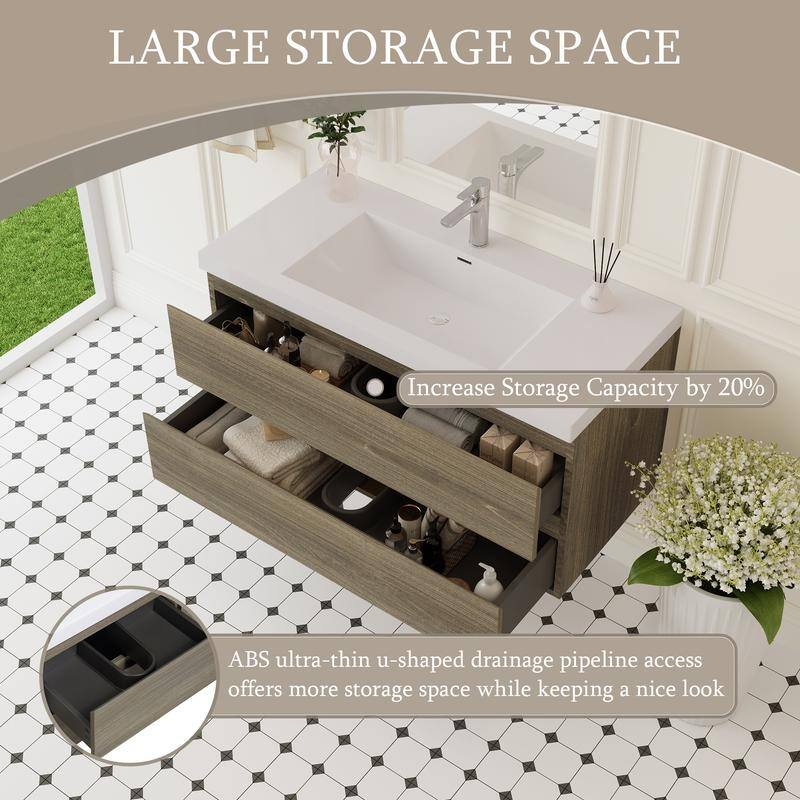 ABRUZZO 42" Floating Single Bathroom Vanity Wall-Mounted with Integrated Resin Top Basin 2 Soft Close Drawers Full Assembly