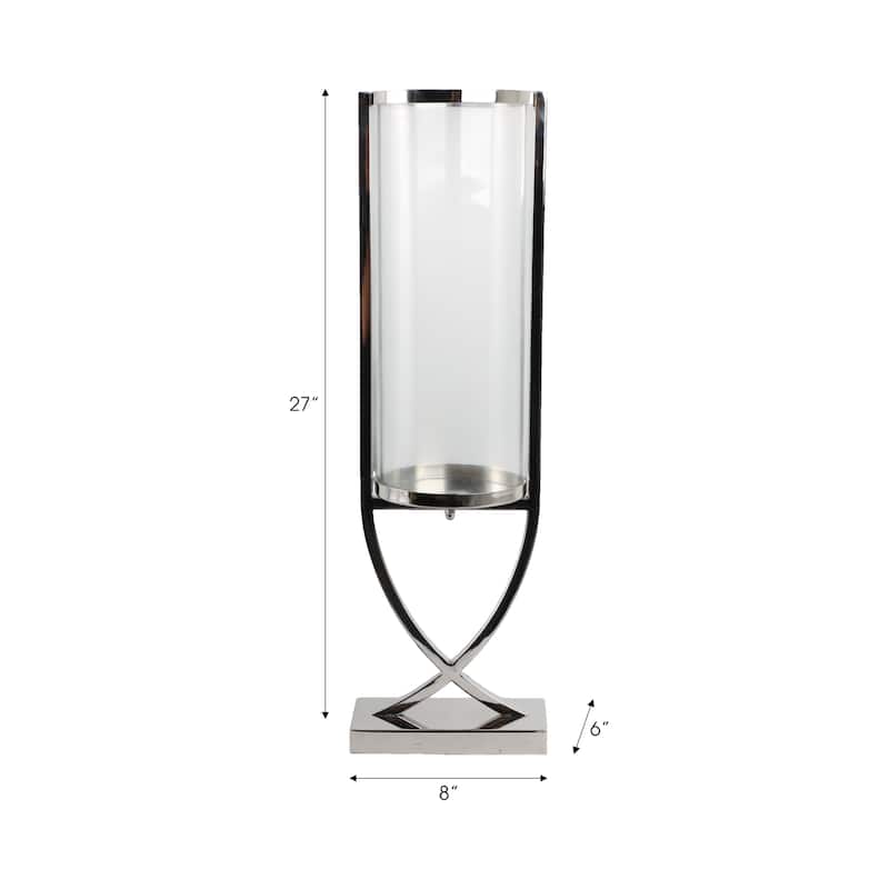 Modern Glass Pillar Candle Holder Decorative Lantern with Steel Frame