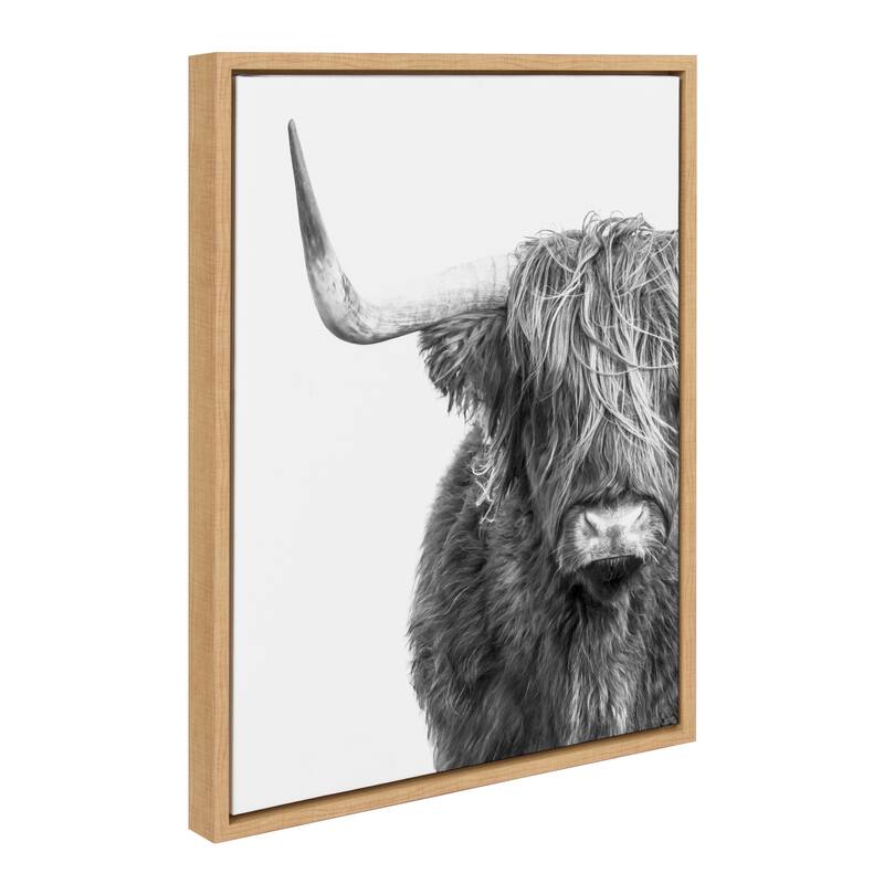 Kate and Laurel Sylvie BW Highland Cow 1 Framed Canvas by Amy Peterson - 18x24 - Natural