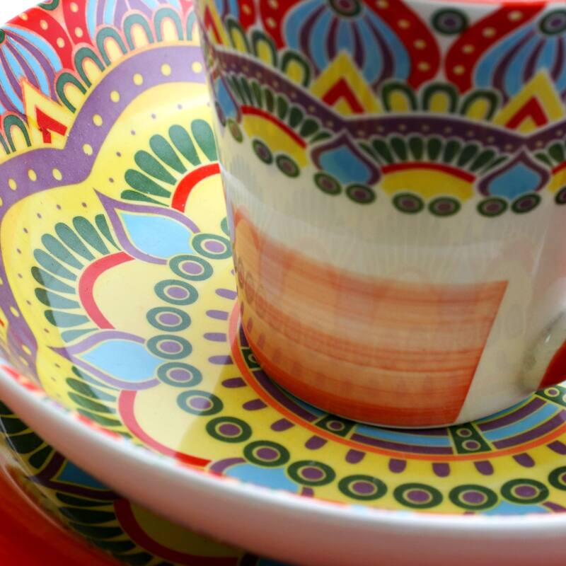 Intricate Floral Pattern Round Stoneware Dinnerware Set in Rose 16 Pieces