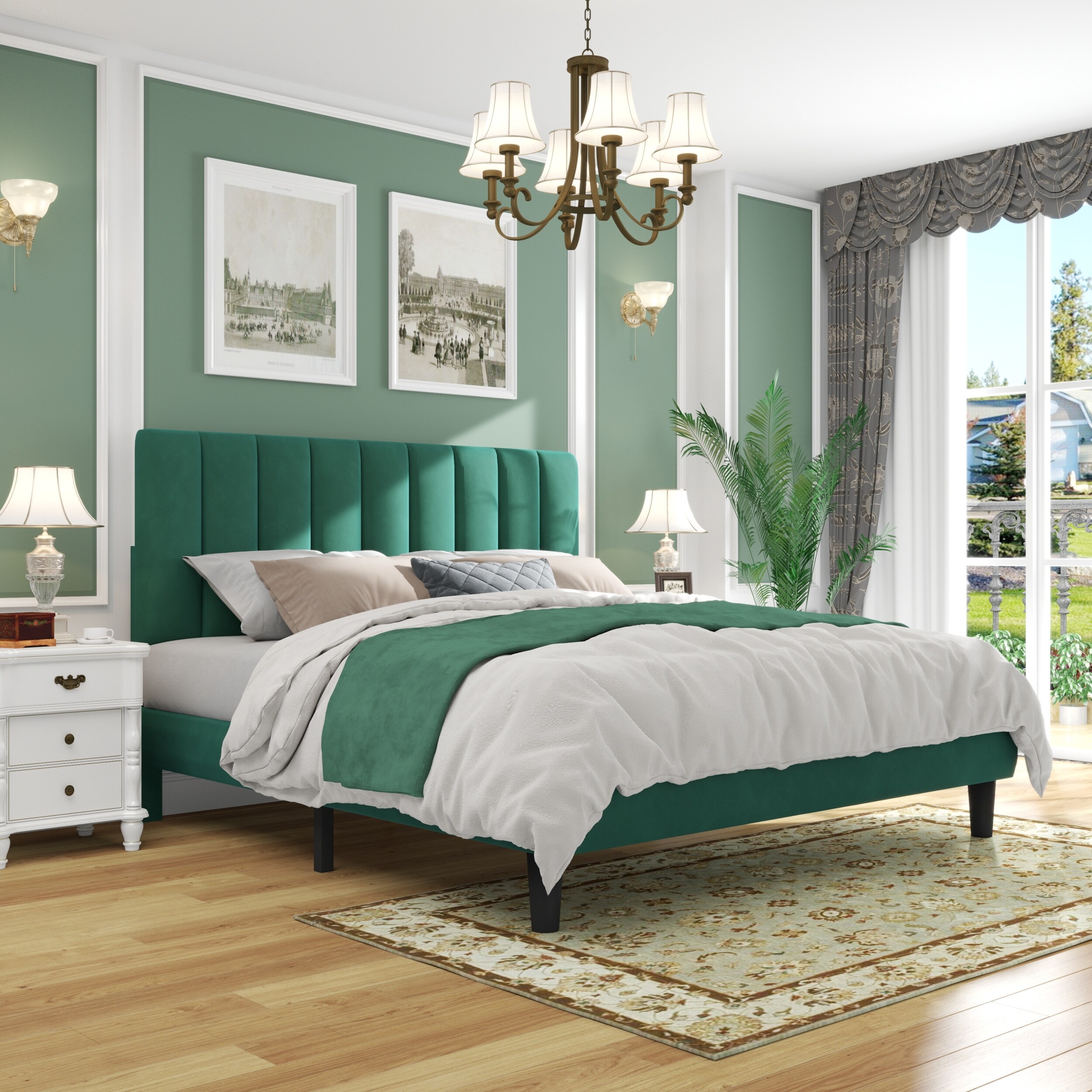 Emerald Green Velvet Queen Platform Bed with Adjustable Tufted