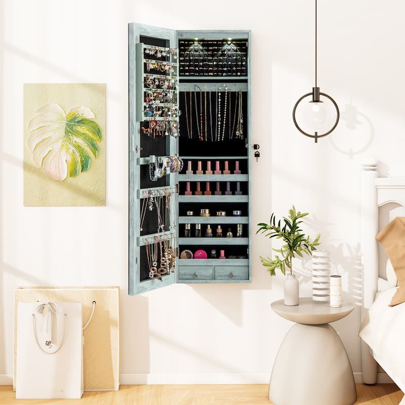 Costway Mirrored Wall & Door Mounted Jewelry Cabinet Storage Organizer - See Details