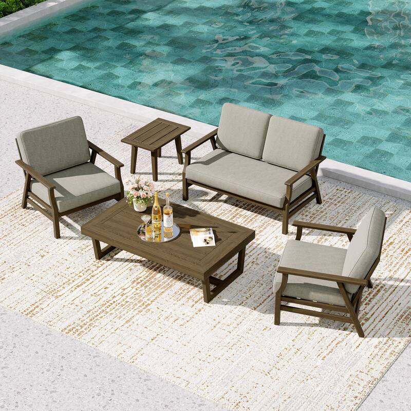 5-Piece Teak Outdoor Conversation Set with Tables. - 4-seat - Light Camel/Brown Wood