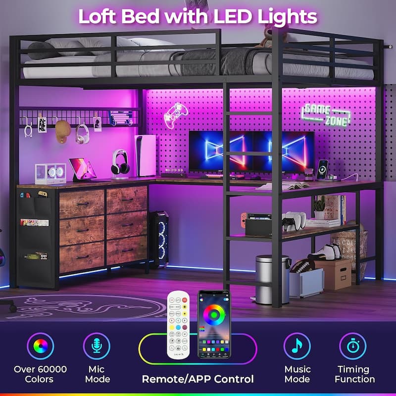 Loft Bed with Full Size U-Shaped Desk 6 Drawers Power Outlet 2 Storage Shelves