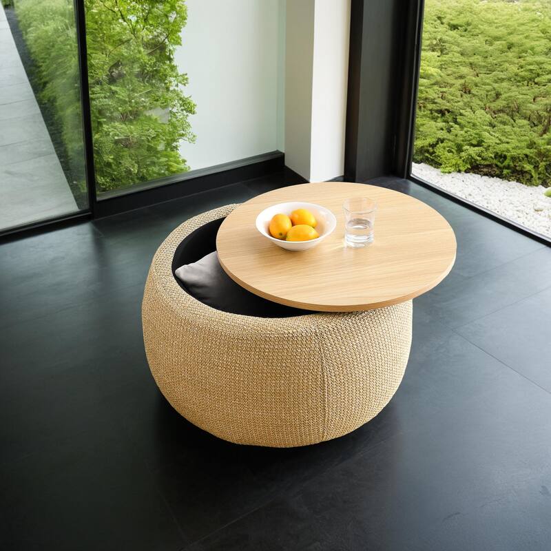 Round storage Ottoman, 3-in-1 features Ottoman coffee table, handmade end table