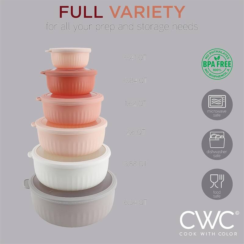 COOK WITH COLOR Prep Bowls with Lids- Wide and Deep Nesting Plastic Small Mixing Bowl Set with Lids, 12 Piece Set - Wide Bowls