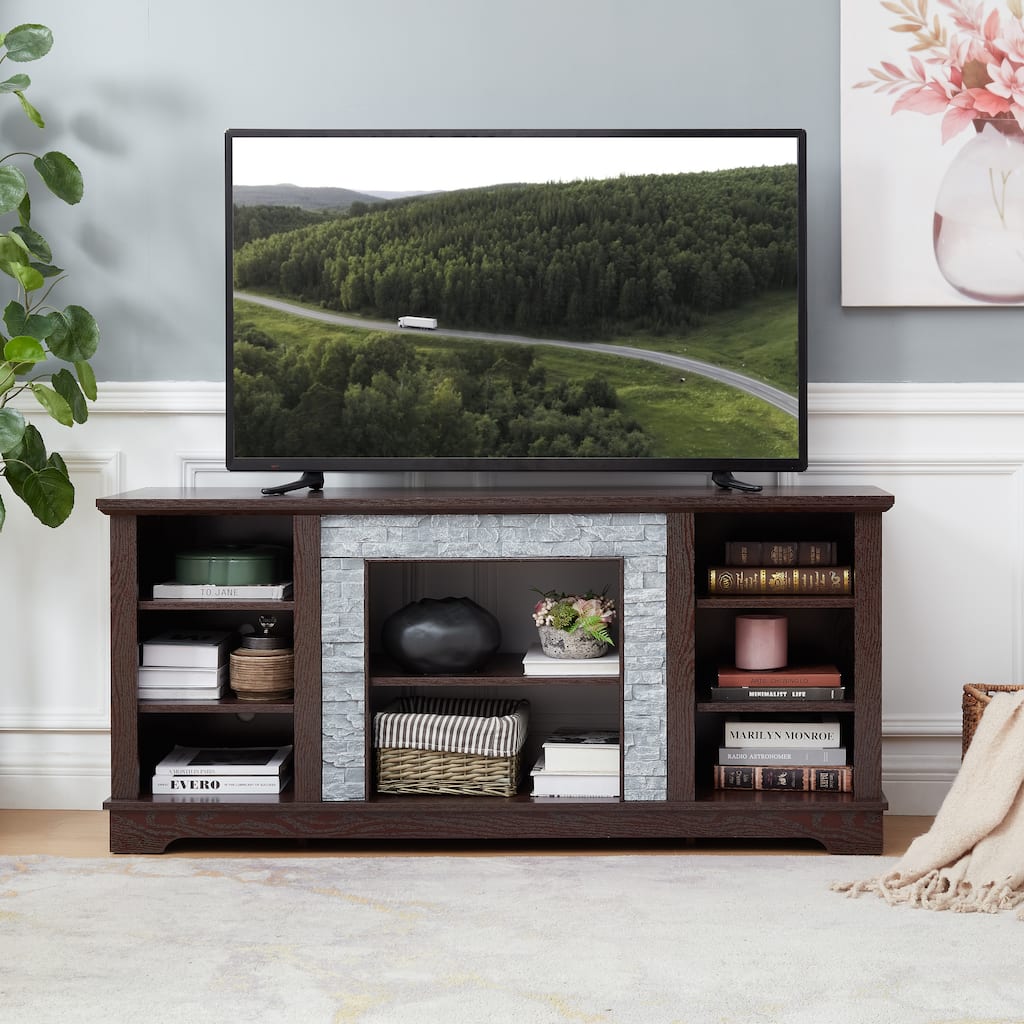 TV Media Stand with with Faux Stacked Stone Surround, Modern Entertainment Console with Open Storage Space