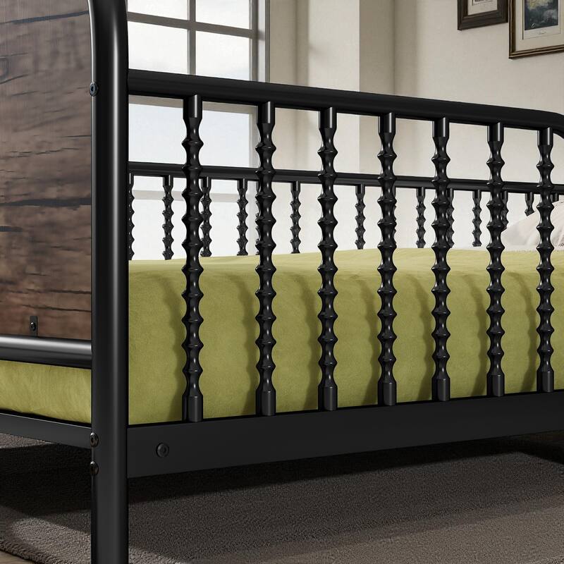 Twin/Full Size Metal Platform Bed with LED Lights and Upholstered Headboard, Kids Bed Frame with Storage Shelf