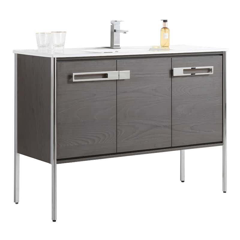 Fine Fixtures Oakville Bathroom Vanity with White Ceramic Sink - 48 Inch - Black Coal Oak - Chrome Hardware
