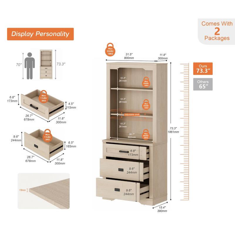3 Tier Bookcase with Drawer,73.3" Tall Floor Standing Bookshelf
