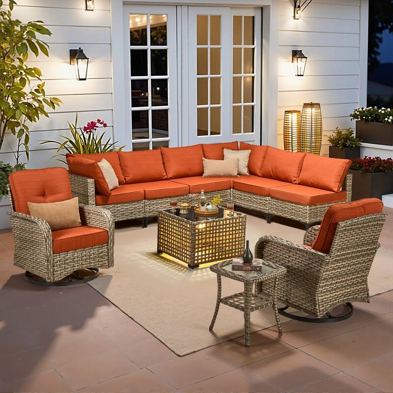 HOOOWOOO 10-piece Outdoor Furniture Wicker Swivel Rocking Chair Set - Red/Orange