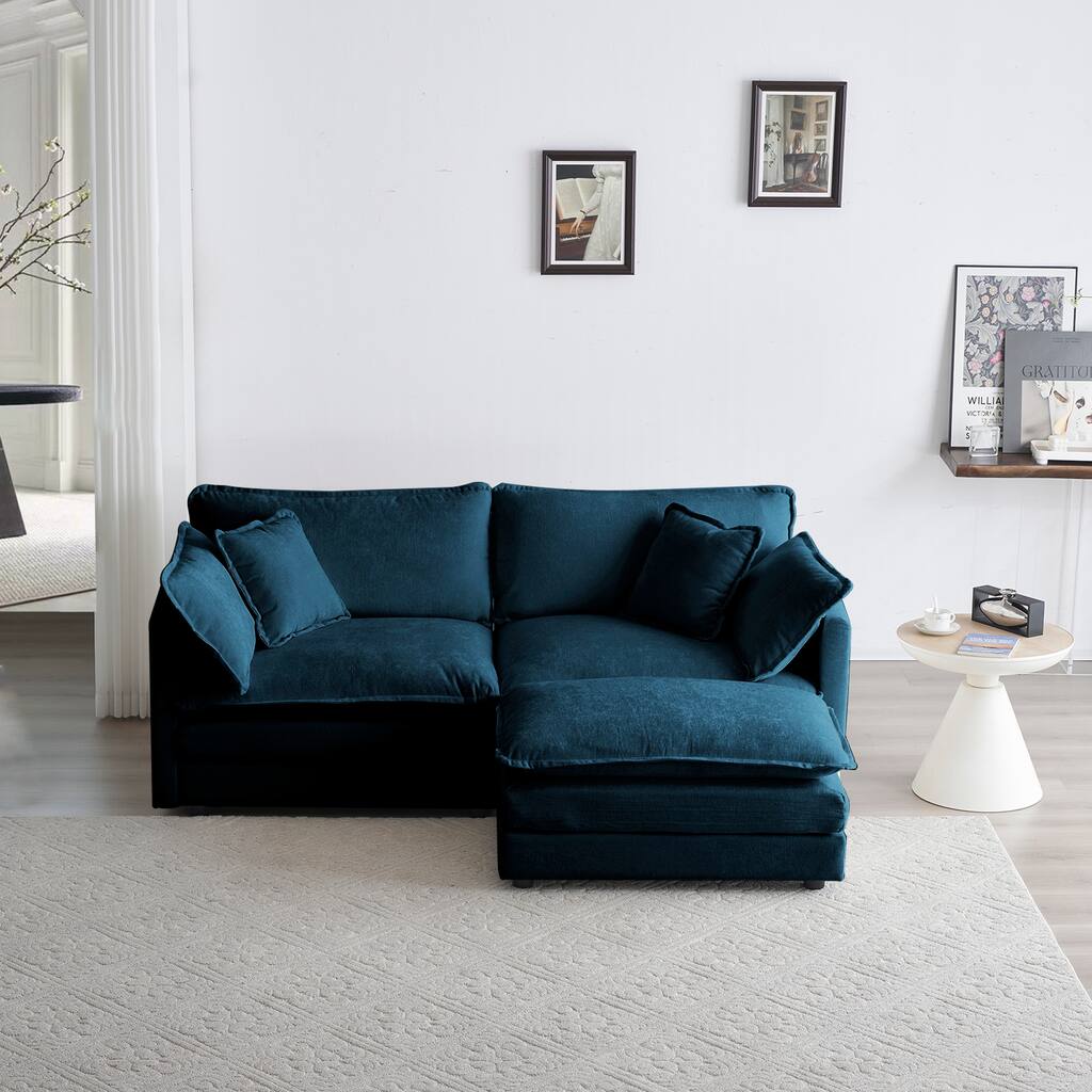 Blue Chenille Two-Seater Sectional Sofa with Ottoman, Modular Loveseat for Small Living Spaces