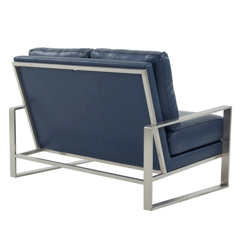 Jefferson Modern Leather Loveseat with Brushed Silver Stainless Steel Base, Removable Cushions, Sinuous Springs, Fully Assembled